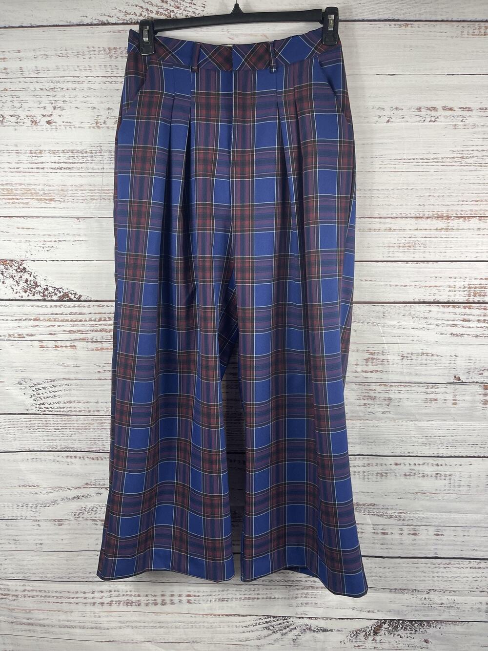 Maeve Anthropologie Pants Women's Small Blue Plaid Wide Leg Elastic Waist Dress - Picture 1 of 11